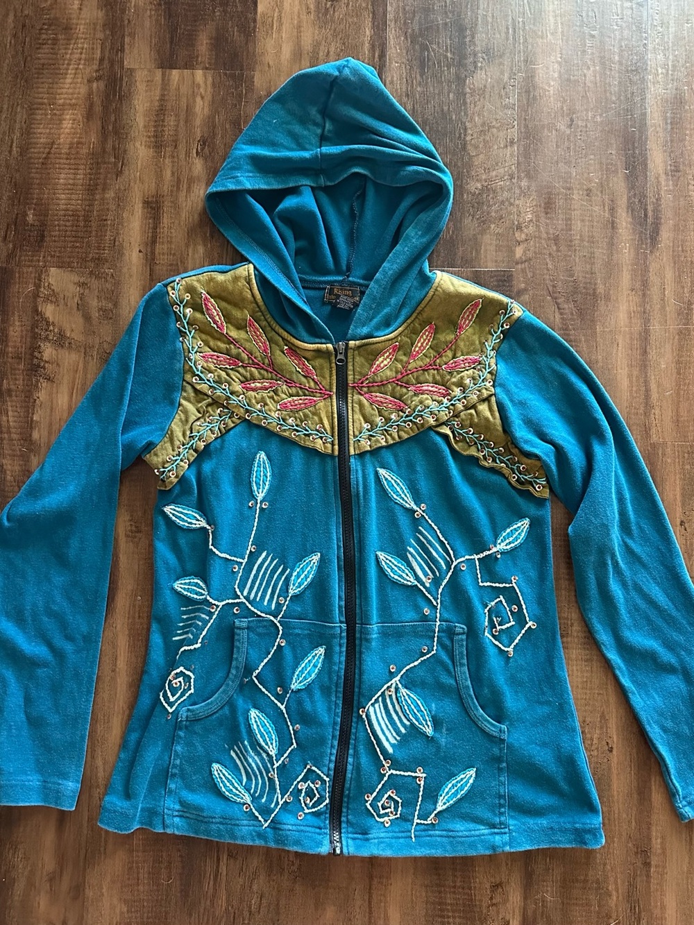 Rising International Teal Zip-Up Hoodie with Olive Embroidered Yoke